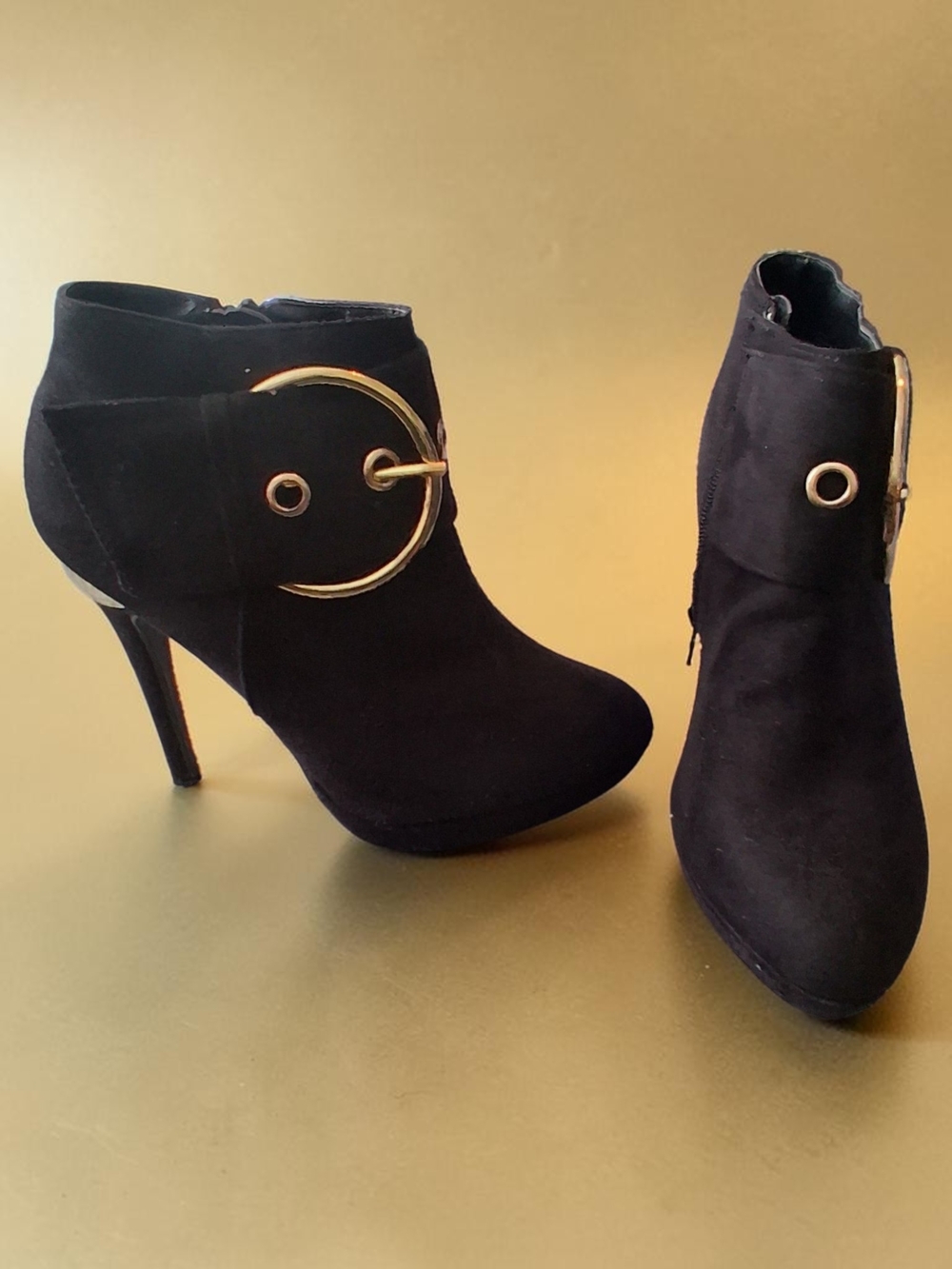 Paprika Black Suede Ankle Booties with Gold Buckle Detail Women's Shoes Size 7.5